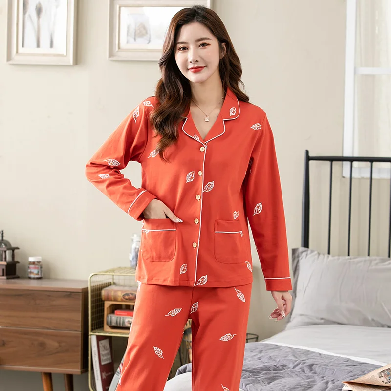 Spring Autumn New Women Pyjamas Full Cotton Long Sleeve Tops Set Female Pajamas Set Night Suit Sleepwear Long Pants Women Night