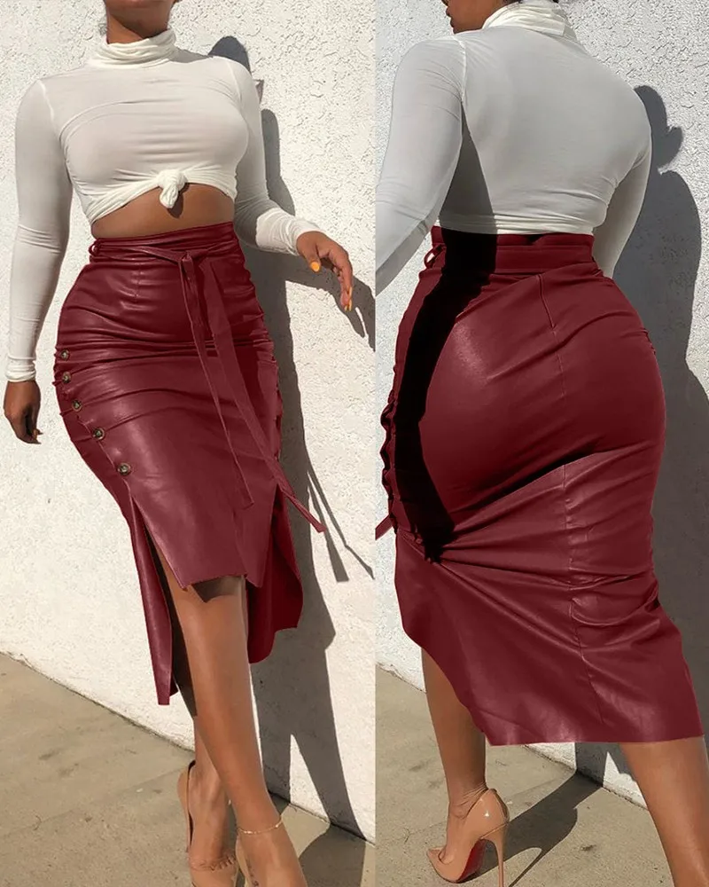 Women Trendy PU Leather Midi Skirt Solid Color High Waist Lace-up Side Button Slim Skinny Pencil Skirt for Ladies Streetwear