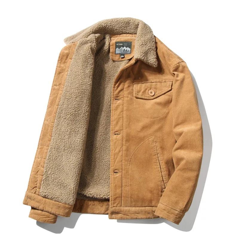 Winter Men Plus Fleece Warm Cargo Jacket Outdoor Thick Corduroy Fleece Lapel Commuter Jackets Pilot Baseball Jacket Coat