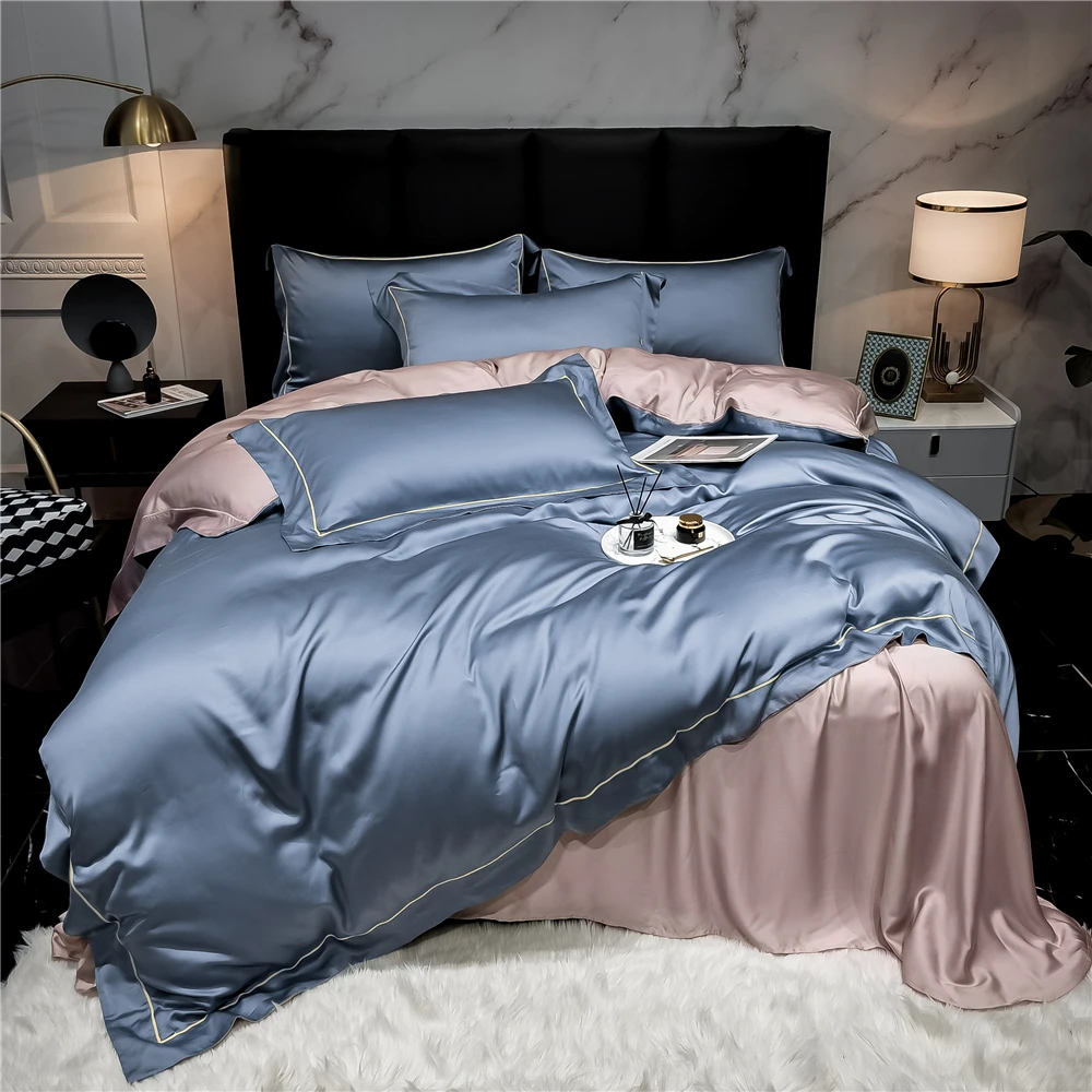 JuwenSilk J  Top Grade 100% Silk Women Blue Pink Bedding Set Beauty Duvet Cover Pillowcase Queen King Flat Sheet Or Fitted Sheet