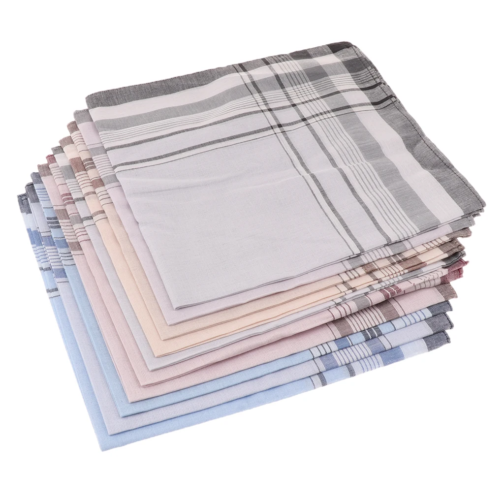 10pcs Cotton Men Square Plaid Handkerchiefs 38 x 38cm Classic Hanky Light Color Vintage Pocket Towel For Wedding Party