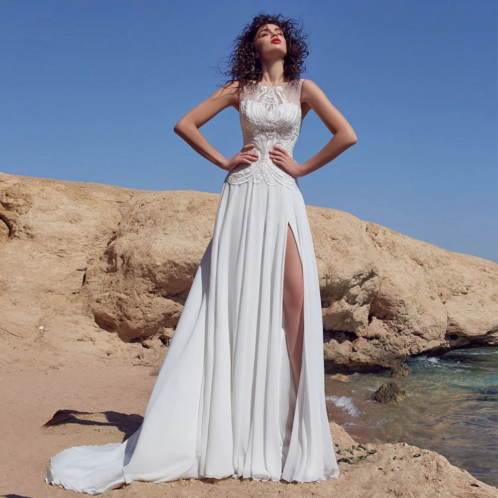 Abiti da sposa da spiaggia con spacco laterale Sexy in Chiffon a-line o-collo senza maniche in pizzo Appliques abito da sposa Sweep Train Vestidos De Novia