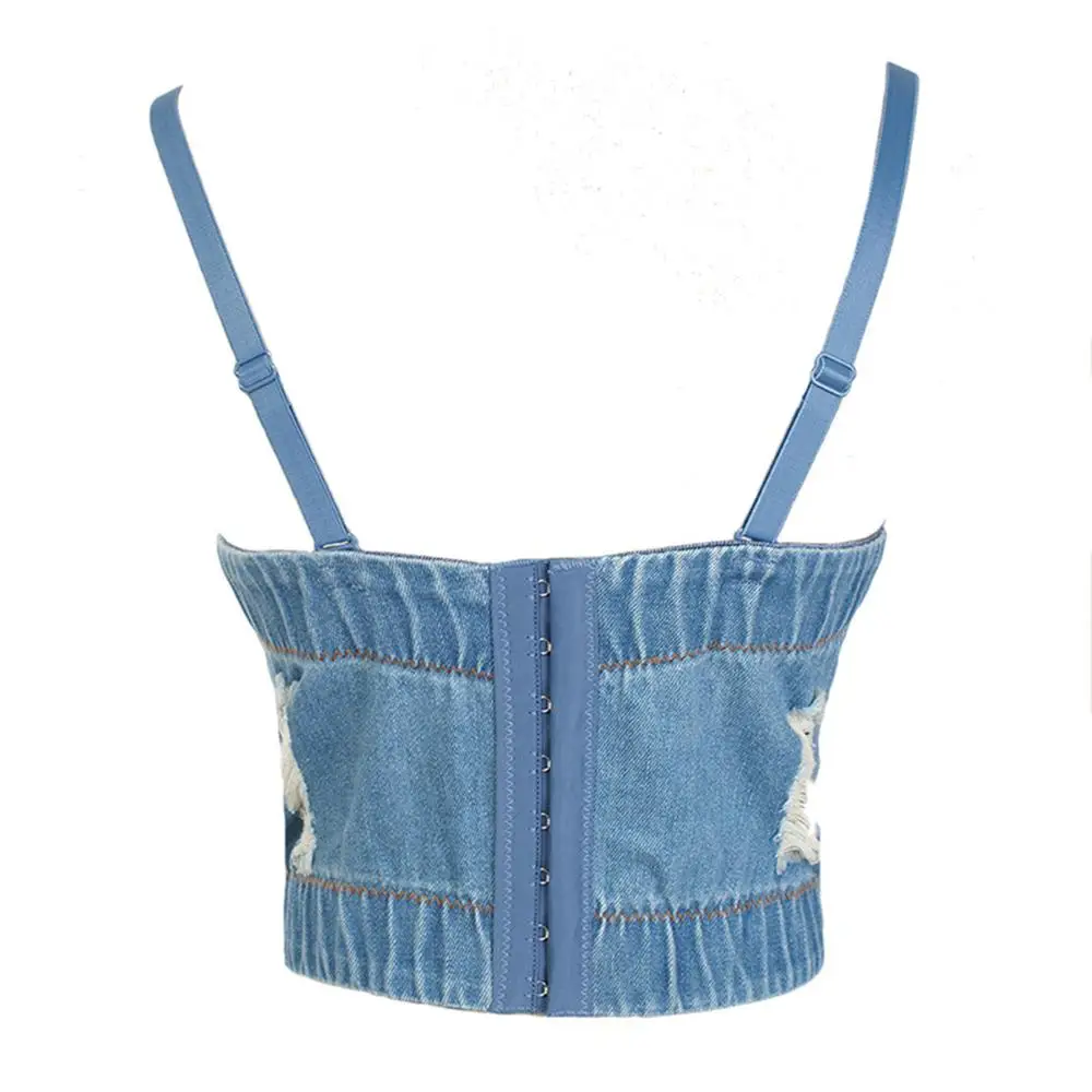 Irene Tinnie Sexy Cute Hole Cartoon Decoration Push Up Bustier Women\'s Denim Bralette Cropped Top Vest Plus Size