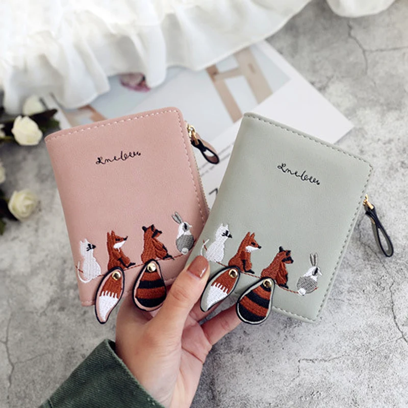 

High Quality Leather Women's Wallet Cartoon Cat Cute Fox Raccoon Short Wallets Female Credit Card Holder Hasp Zipper Coin Purse