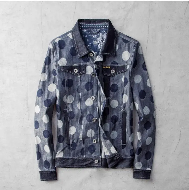 

Biker Autumn Men Jacket Spring Polka Dot Men's Jackets Long Sleeve Denim Coat Fashion Print Outwear