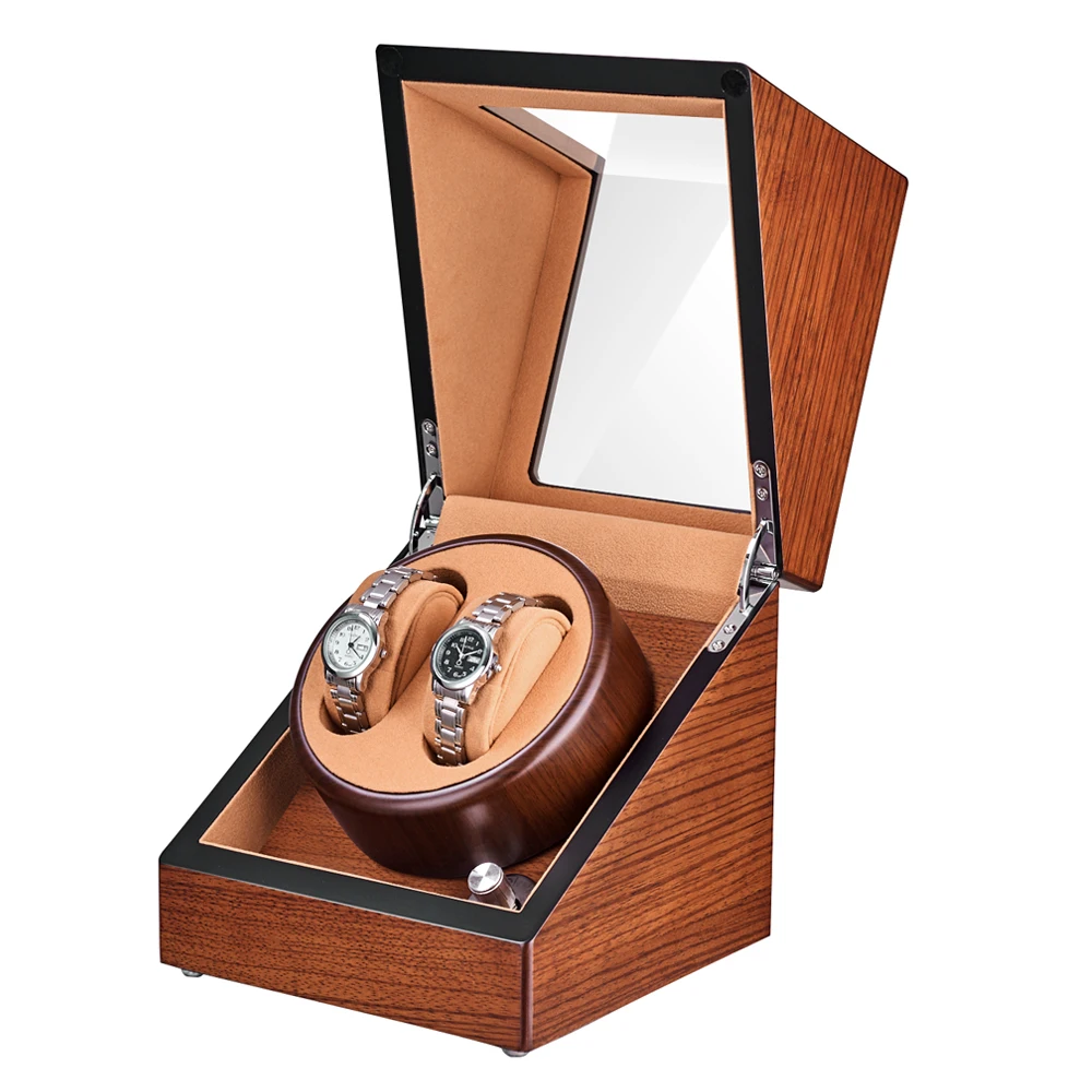 Double Watch Winder with Quiet Japanese Mabuchi Motor Fraxinus mandshurica Rupr Wood Brown Velvet Interior