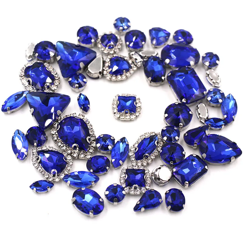 50pcs/Bag Royal Blue Mixed Shape Sew on Glass Rhinestone Silver Claw Crystal Buckle Diy Wedding Decoration Clothes/Shoe/Dress