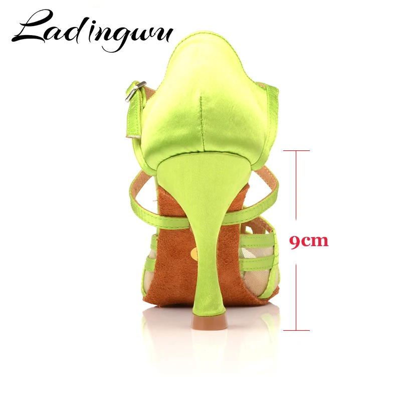 Ladingwu Dance Shoes Women Salsa Shoes Dance Light Green Satin Latin Dance Shoes Geometric patterns Design Soft Bottom