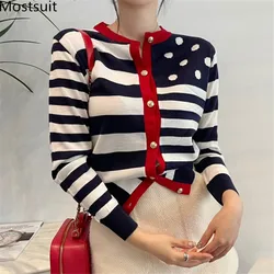 Striped Dot Knitted Women Cardigan Sweater Full Sleeve O-neck Single-breasted Tops Korean Vintage Elegant Female Jumpers 2022