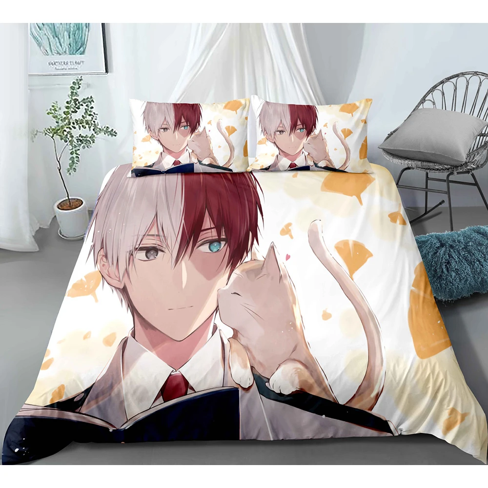 My Hero Academia Duvet Cover with Pillowcase Todoroki Shoto and Cat Pattern 3pcs Bedding Sets Cosplay for Bedroom Decorate