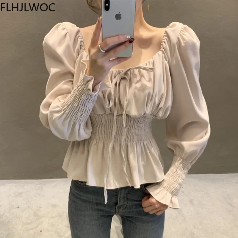 Chic Korea Off Shoulder topy Blusas kobiety 2021 wiosna Solid Color muszka wąska talia linia Belly Peplum krótkie bluzki bluzki