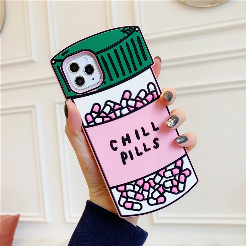 3D Cute Cartoon Chill Pills Case for iPhone 18 Pro Max/16/15/14/13/12/11 Medicine Bottle Soft Rubber Back Cover Funda iPhone 17