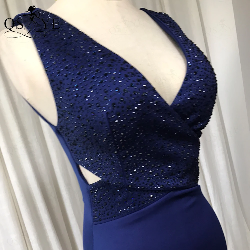 Sexy Navy Evening Dress 2023 Hot Drill Deep V Neck Hollow out Waist Formal Gown Sequin Split Stretch Crisscross Prom Party Dress