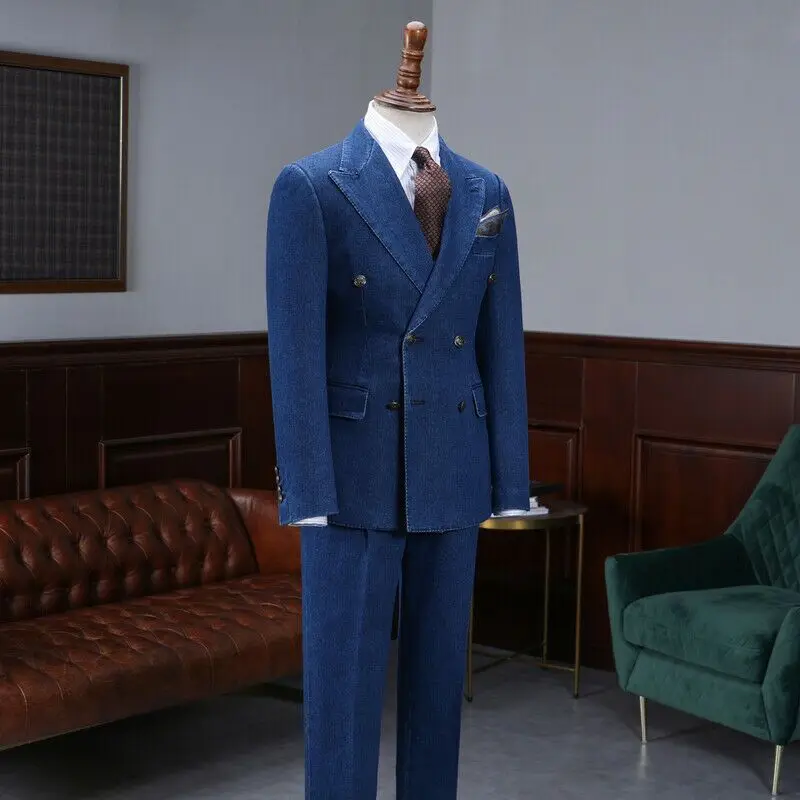

Tailor-Made Men Suits Formal Wedding Tuxedo Blue Denim Blazer Pants Latest Design Groom Wear Male Fashion Double Breasted Jacket
