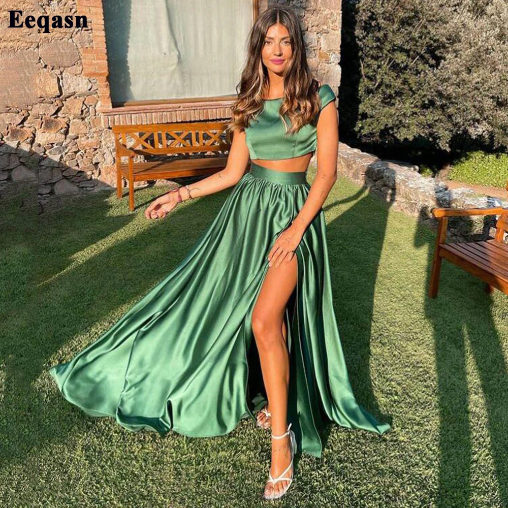 Eeqasn Einfache Grün 2 Stück Satin Formale Abendkleider Lange Slit Side Frauen Prom Kleider Brautjungfer Kleid Für Hochzeit Party