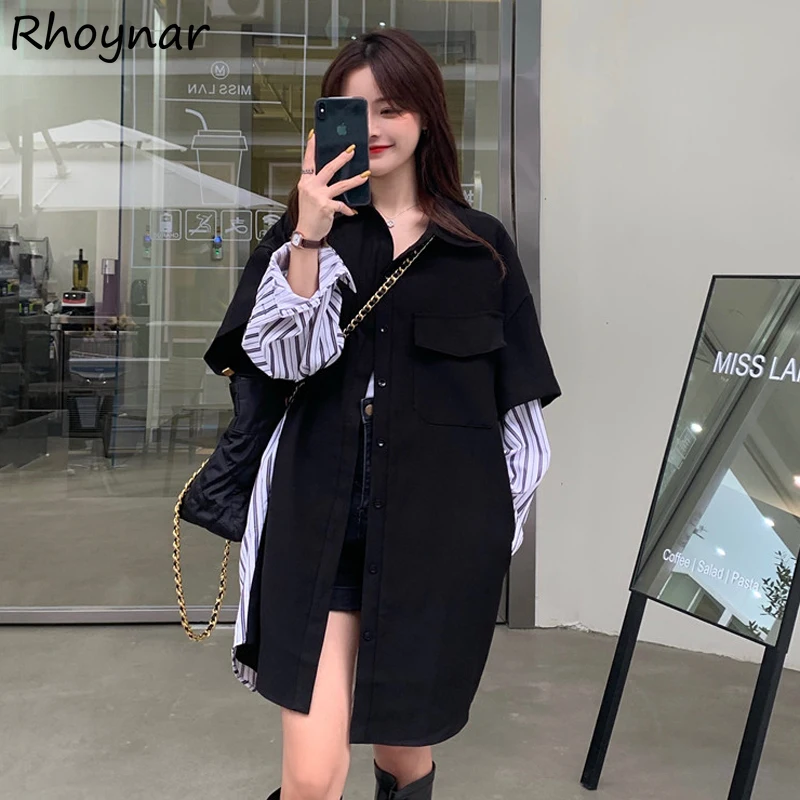 

Shirts Women Autumn Turn Down Collar Fake Two Pieces Full Sleeve Patchwork Female All Match Design Classic Loose Preppy Chic Ins