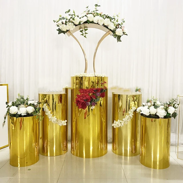 

5pcs/set)Wedding Gold metal Round cylinder pedestal Plinth decoration perspex gold pedestal stand mental round plinths yudao192