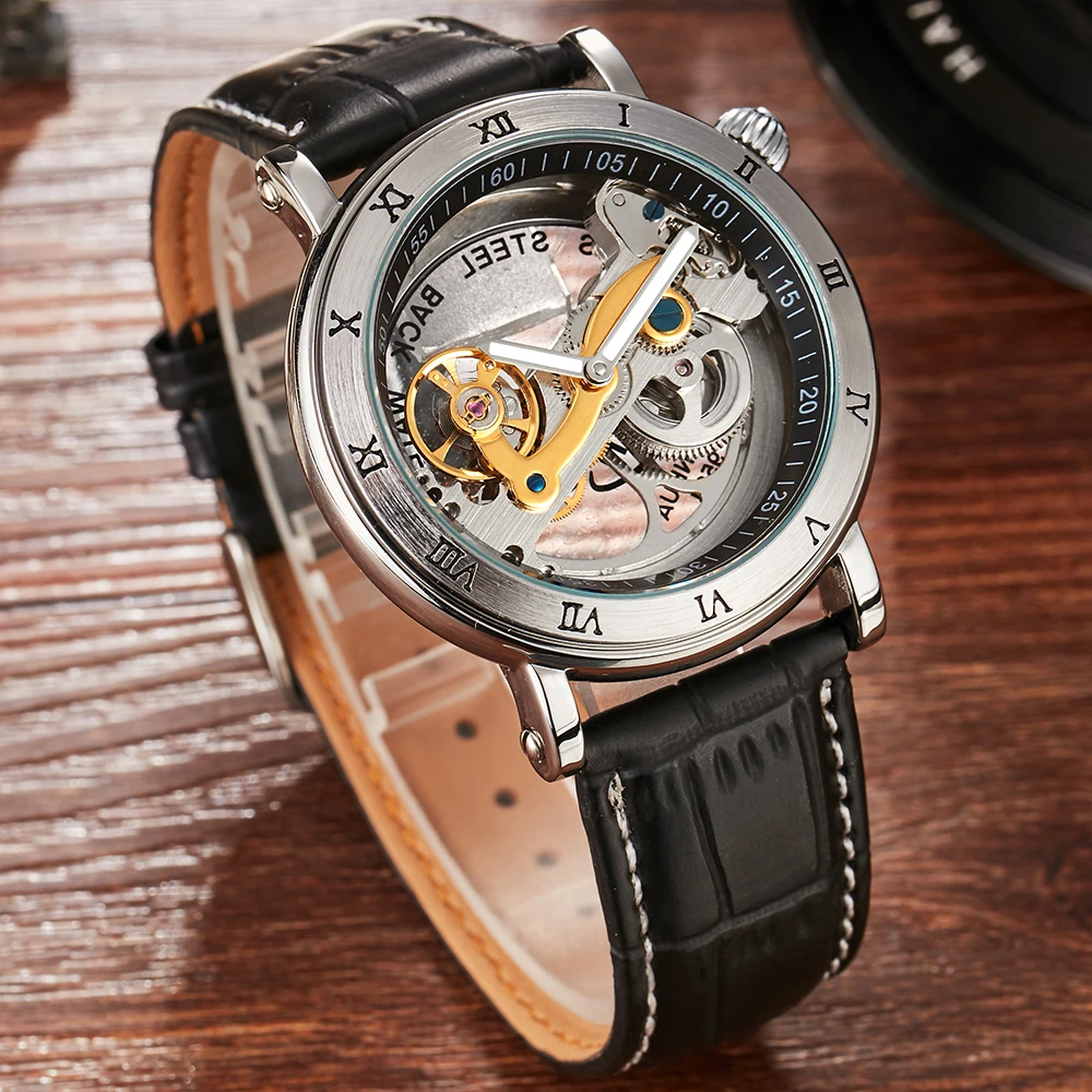 Transparent Automatic Mechanical Watch Men Steampunk Skeleton Bridge Luxury Self Winding Leather Male Watches TODO  montre homme