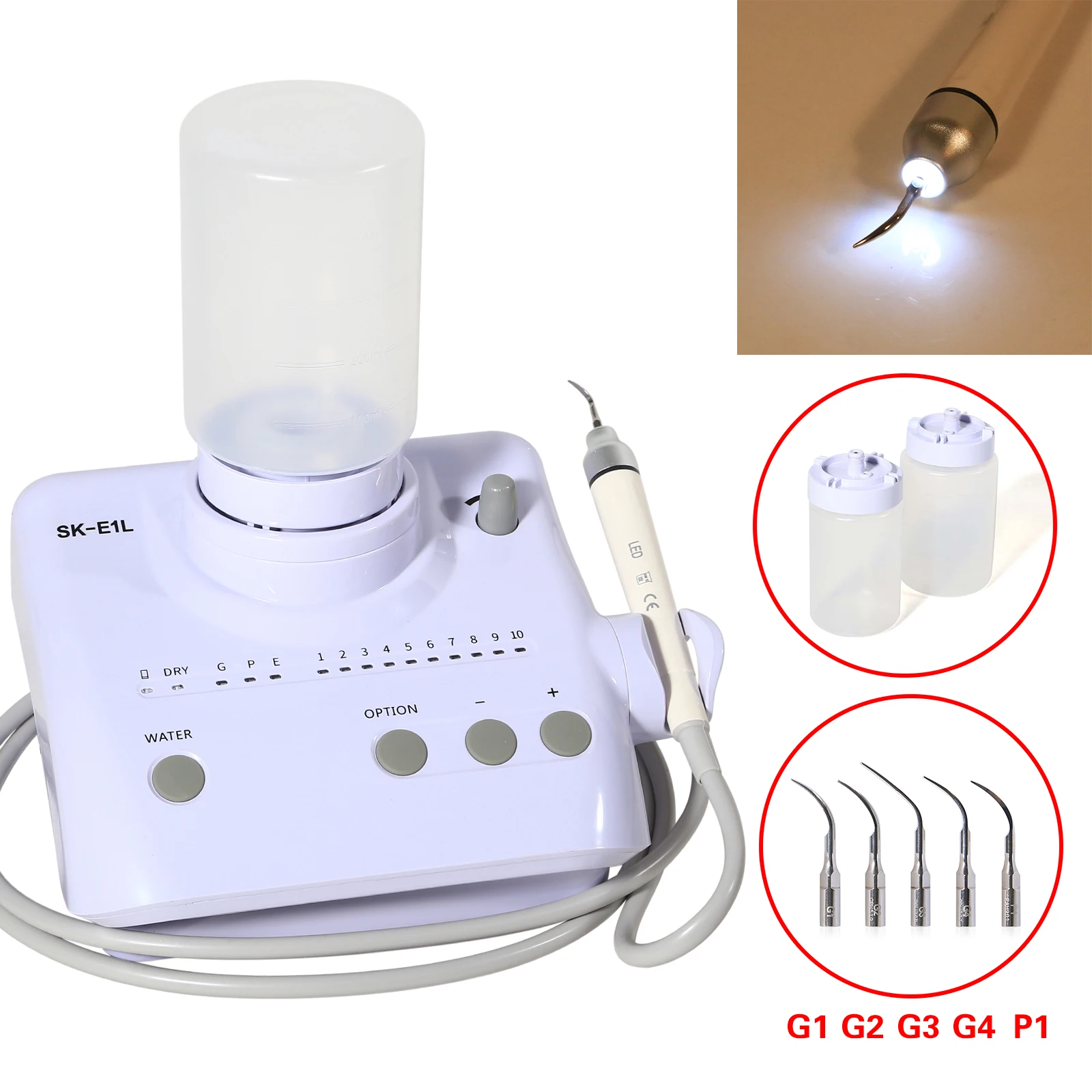 

Dental Ultrasonic Light Endo Piezo Scaler LED Handpiece 5 Scaler Tips+2 bottles (500ML) Automatic Water Supply kit Fit EMS Tips