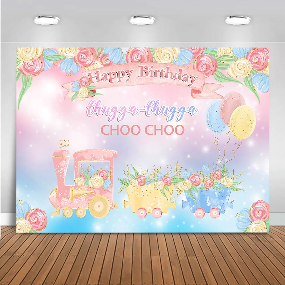 

Baby Kids Birthday Backdrop Pink Cartoon Train Flower Leaves Balloon Happy Birthday Photo Background Photo Studio Decor Banner