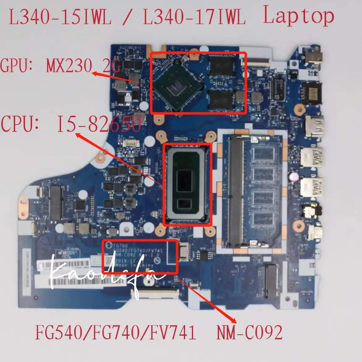 NM-C092 Placa-mãe portátil para Ideapad, Mainboard, L340-15IWL, 17IWL, CPU, I5-8265U, GPU, MX230, 2GB DDR4, FRU:5B20S41711, 5B20S41712, teste