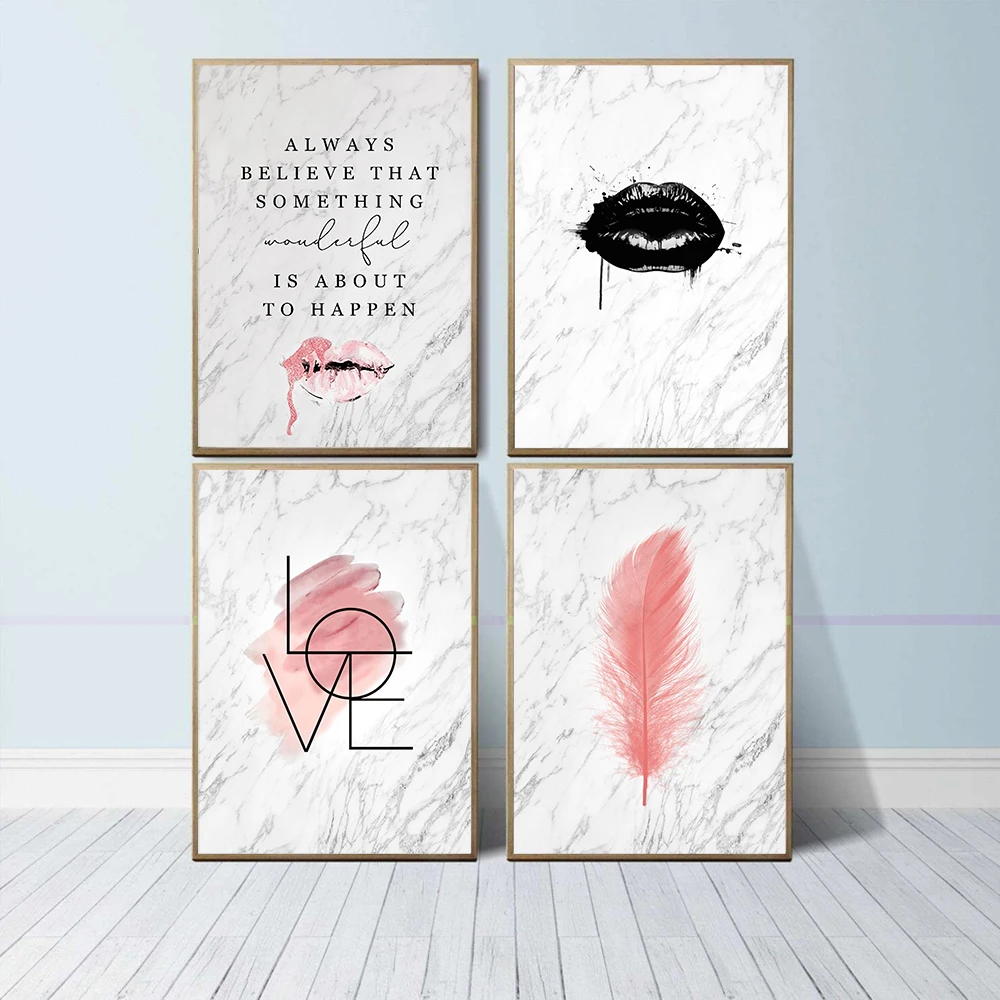 Nordic Minimalist Canvas Wall Art Print Painting Motivational Love Text Poster Pink Feather Decorative Picture Modern Home Decor