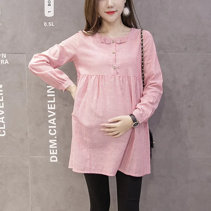 Shirts For Pregnant Women Bow Spring Loose comfortable Pregnancy Top Blouses Fashion Striped Maternity Clothes Casual shirtdress