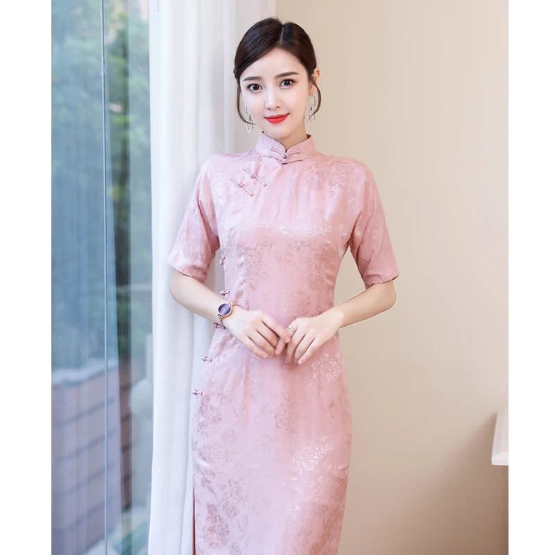 

Elegant Cheongsam Chinese Traditional Women's Floral Long Dress Evening Summer Pink Casual Noble Female Qipao Dress Modern