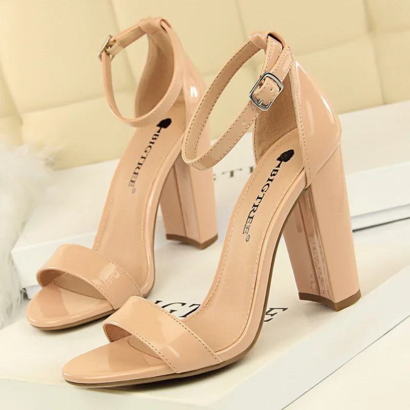 Summer Women Sandals Pumps Ankle Strap Square High Heels Sandalias Mujer Flock Open Toe Sexy Shoes Woman Plus Size 34-43 WSH4121