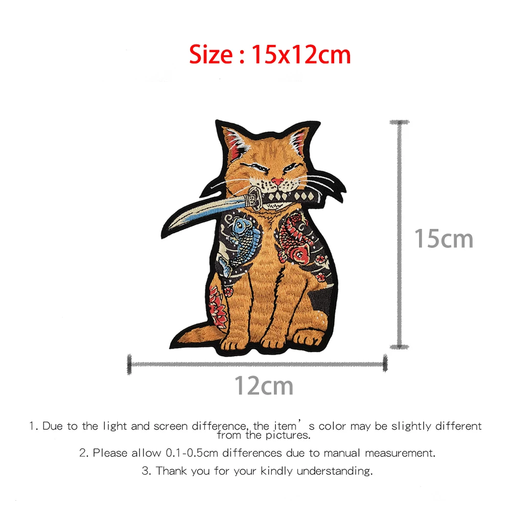 Tattoos Cat with Knife Patches Japanese Embroidered Iron on for Clothing DIY Cartoon Patch Shirts Twill Stickers Cool Appliques