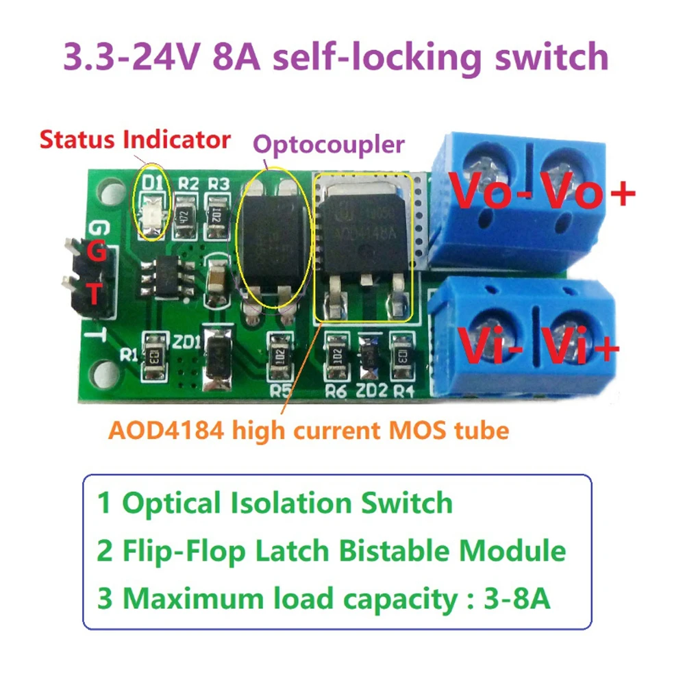 

3.3V 9V 12V 24V 8A Isolation Flip-Flop Latch Self-locking Switch Module Bistable Single Button for Motor Relay Solenoid Valve