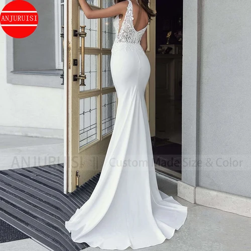Imagen 2 del producto Vestidos de novia de sirena con cuello en V para mujer, traje de novia blanco largo, sin mangas, encaje, Espalda descubierta, satén, barato, Vintage, tren de barrido, 2022