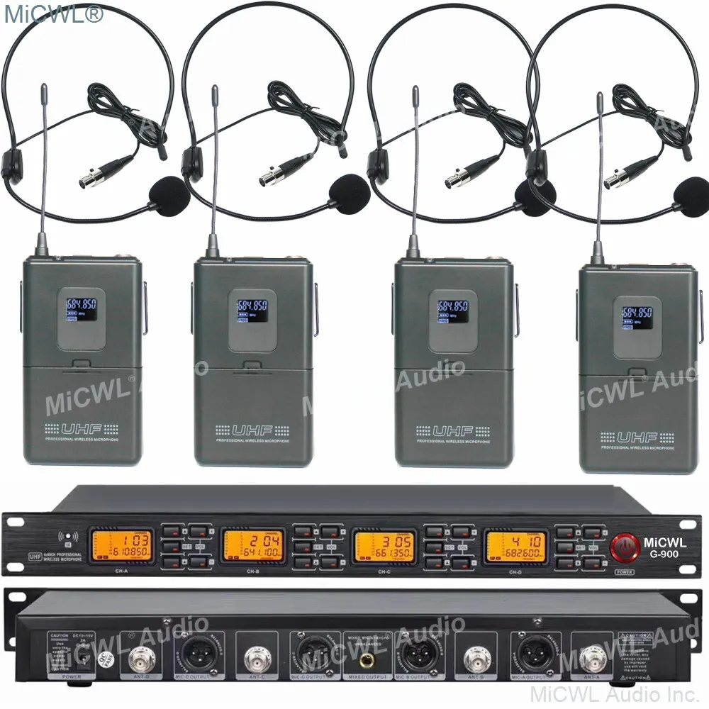 Professional 4 Headset UHF Wireless DJ Karaoke Microphone System UHF 240 Channel MiCWL G900