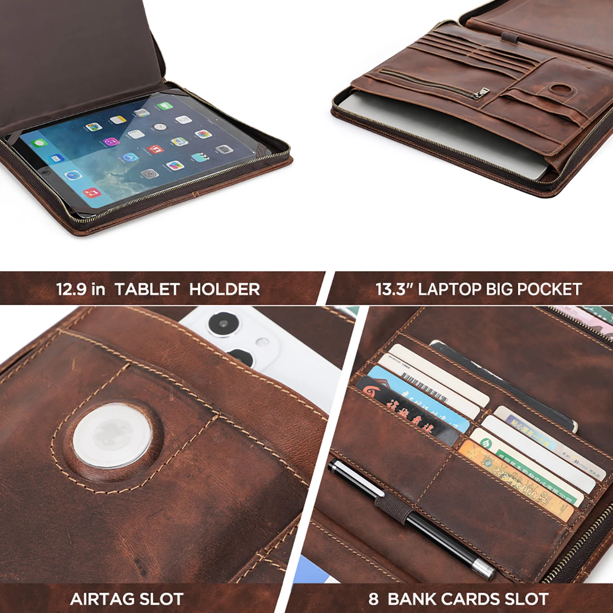 Macbook Pro Air 13 iPad Pro 13 12.9 Portfolio File Folder Cow Leather Cover Organizer Travel Business Office Document Briefcase