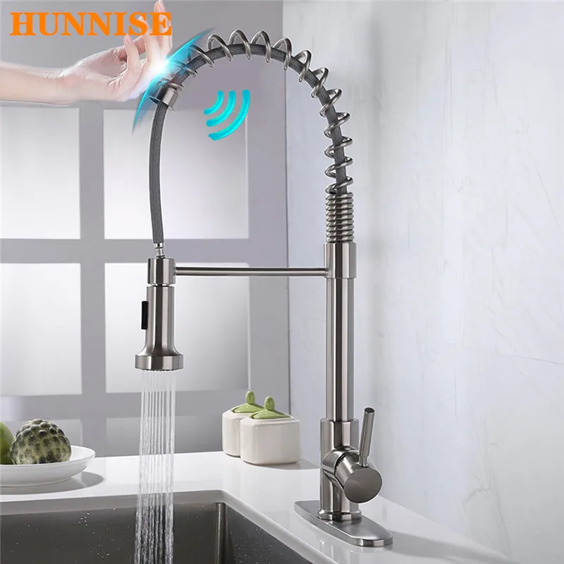 Touch Spring Kitchen Faucets Fashion Pull Out Kitchen Sink Mixer Tap Brushed Nickel Sensor Spring Faucet Smart Touch Faucets