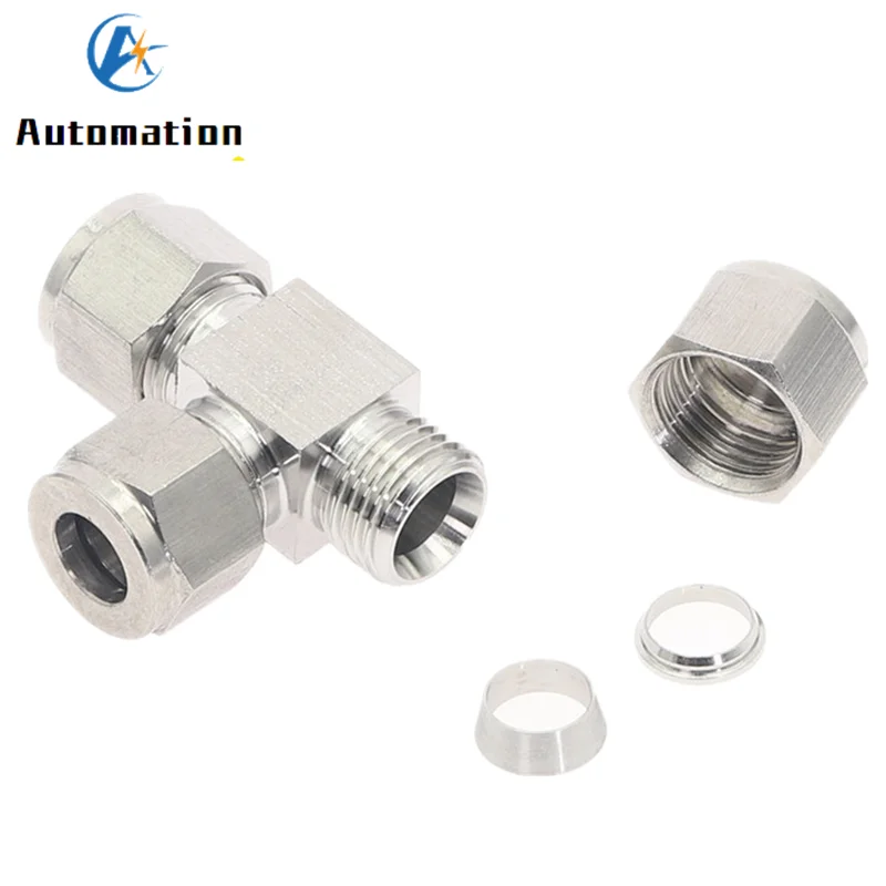 3 4 6 8 10 12mm 1/8 1/4 3/8 1/2 Pipe OD Tee 3 Way Double Ferrule Tube Fittings T-Type 304 SS Stainless Steel Pipe Connector