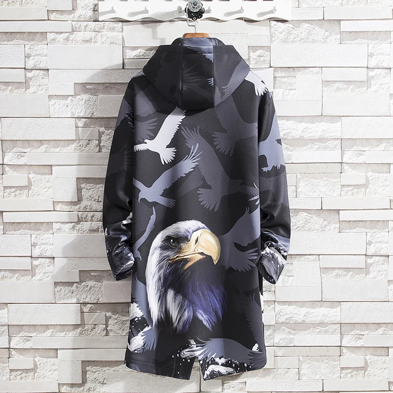 Autmn Trench Coat Men Hooded Casual Long Jacket Retro Fashion Print Animal Trench Men Dragon Streetwear Overcoat Male Youth New