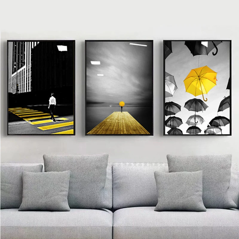 الشمال الحديثة الحد الأدنى قماش لوحات الأصفر والأسود مظلة رومانسية المشارك طباعة صور فنية للجدران غرفة المعيشة ديكور