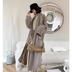 HDHOHR 2024 New High Quality Natural Mink Fur Coat Women With Belt Knitted Real Mink Fur Jacket Fashion Warm Long For Female