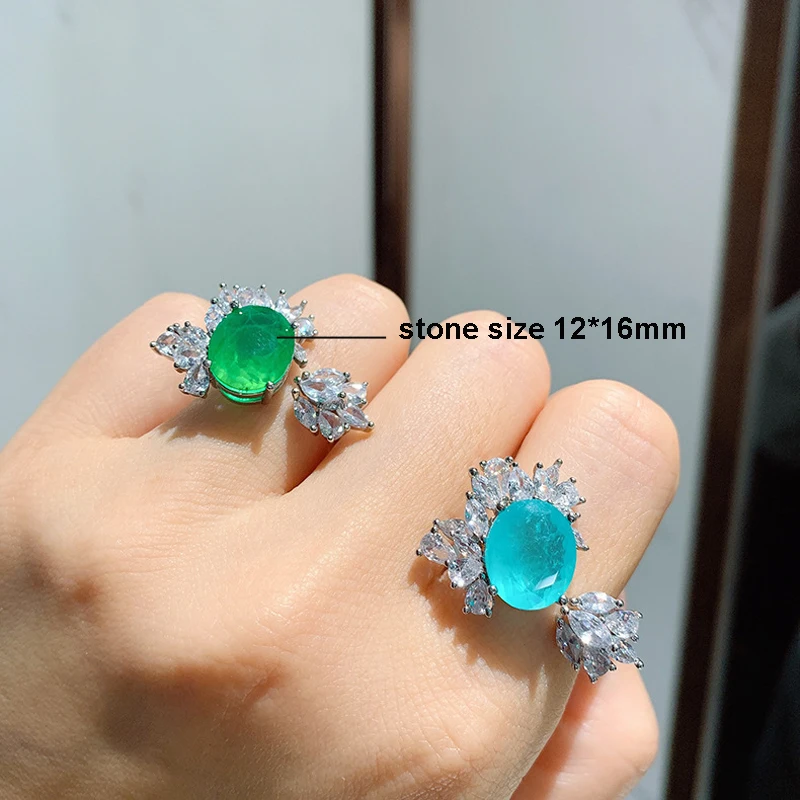 FFGems Vintage Silver create Paraiba Tourmaline Gemstone Wedding Diamonds big oval Rings for women Gift Fine Jewelry Wholesale