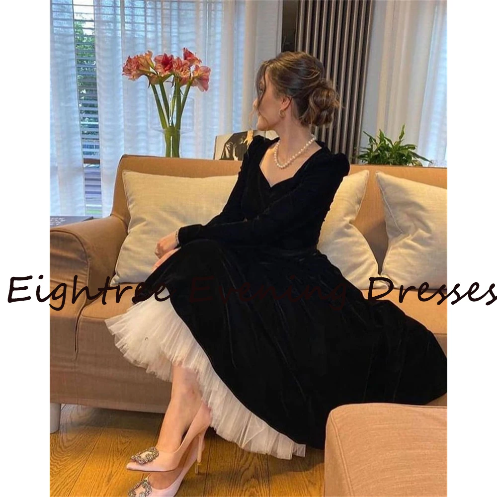 Eightree Black/White A Line Prom Dress Formal Evening Dresses Square Neck Long Sleeves Night Party Gowns Vestidos Customized