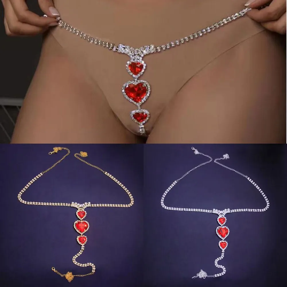 2021 Rhinestone Sexy Bikini Red Heart Underwear Thong Body Jewelry Waist Chains for Girl Luxury Crystal Thong Panties Body Chain