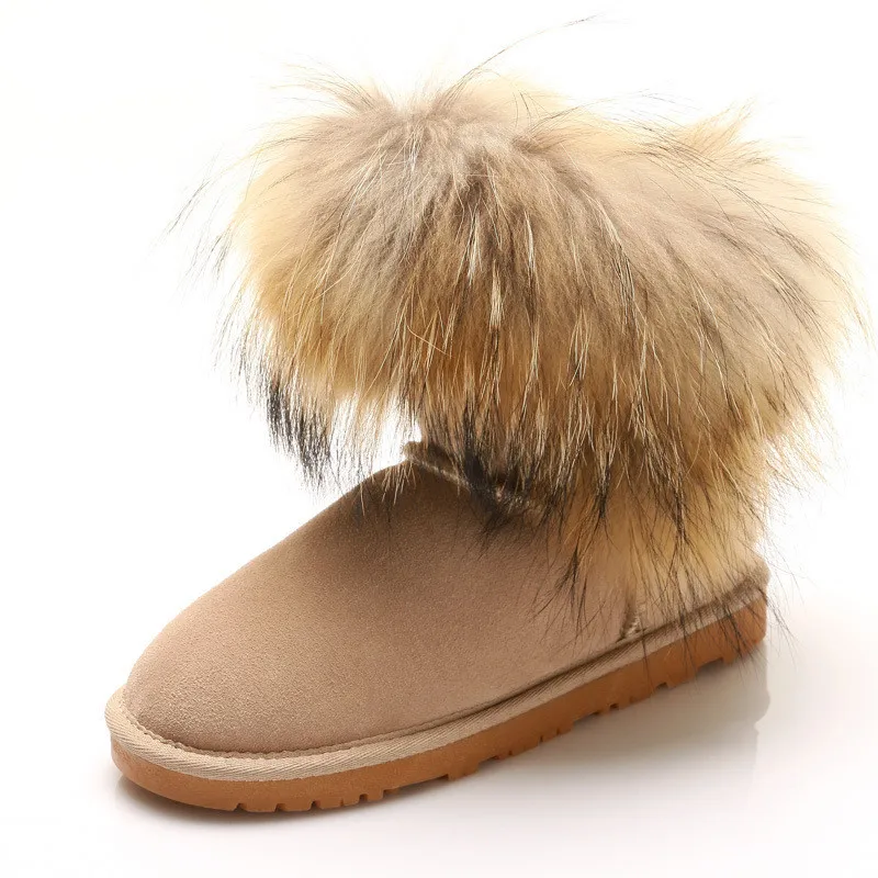 Genuine Leather Thick Plush Inside Snow Boots Fox Fur 2023 Warm Women Snow Boots Woman Flats Snow Boots Women Winter Boots