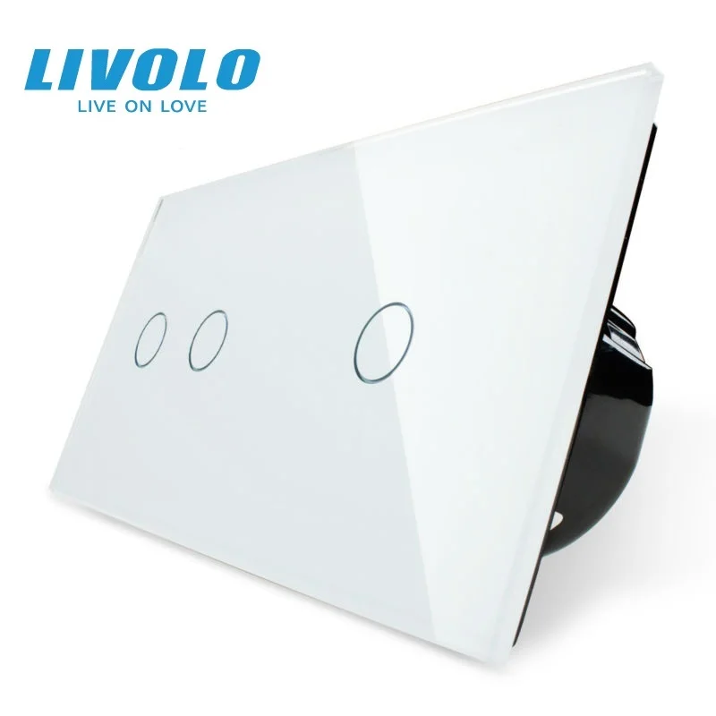 Livolo Touch Switch, 2Gang Left+1Gang Right White Crystal Glass Panel,Wall Light Switch+LED Indicator, VL-C702-11/VL-C701-11