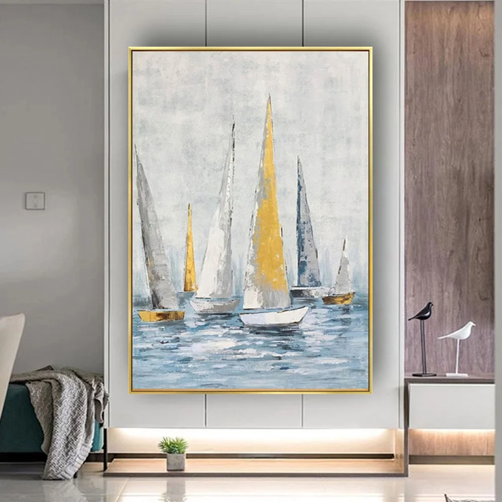 

100% Hand-Painted Gold Foil Boat Oil Painting Seaside Sailing Scenery Modern Home Decor Poster Wall Art Picture For Live Room