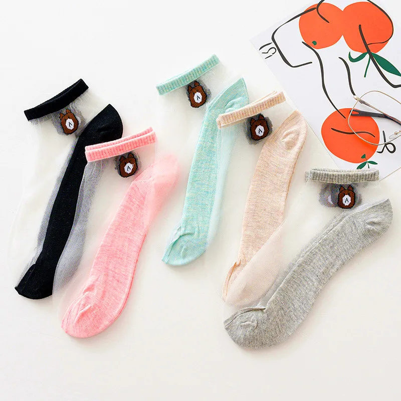 5 Pairs Women Socks Summer Cartoon Socks Bear Colorful No Show Socks Soft Silk Thin Transparent kawaii Girls Female Ankle Socks