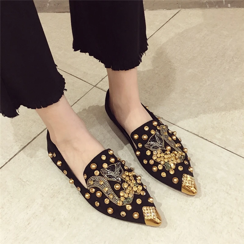 

Women's Flat Pointed Toe Closed Loafers Backless Mules SLip-on Slippers Metal Designer Shoes Low Heel Casual Ladies Shoes Balle