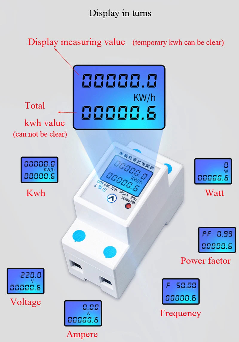 AC 220V , 50Hz 5(80)A single phase Blue LCD display multifunctional din energy meter energy clear Din type display A V W Kwh Hz