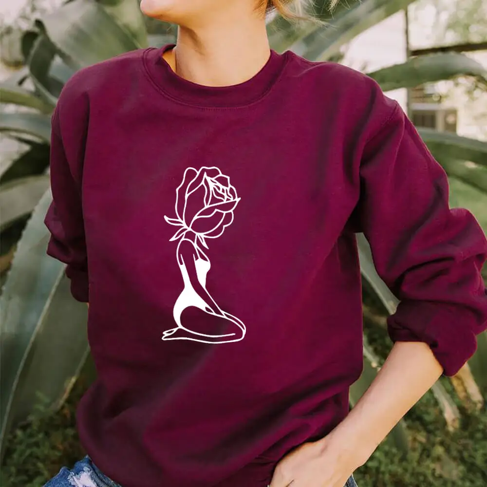 Rose Girl Graphic Printed Sweatshirt New Arrival Women's Funny Casual 100%Cotton Long Sleeve Tops Rose Sweatshirts Gift for Her