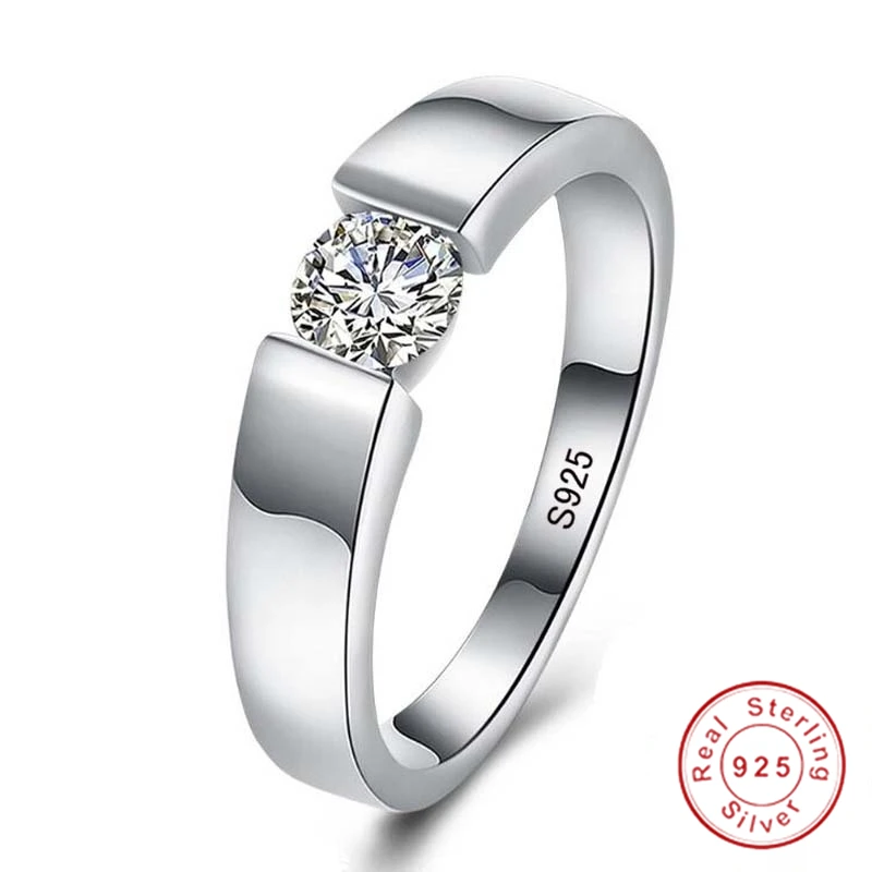 Silver 925 Rings for Men 1.0ct Round Cut Zirconia Diamond Solitaire Ring Wedding Band Engagement Bridegroo